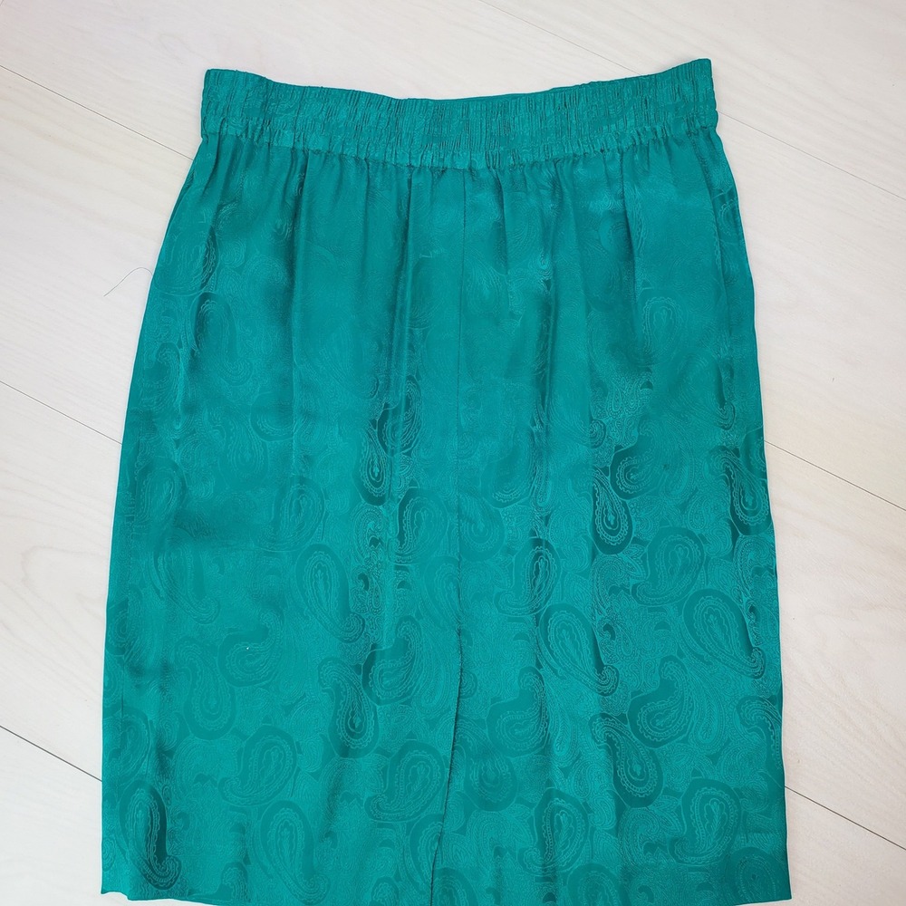 Papell Petites Vintage 100% Silk Teal Paisley Jacquard Skirt Suit Set 12P Luxury - Picture 14 of 16
